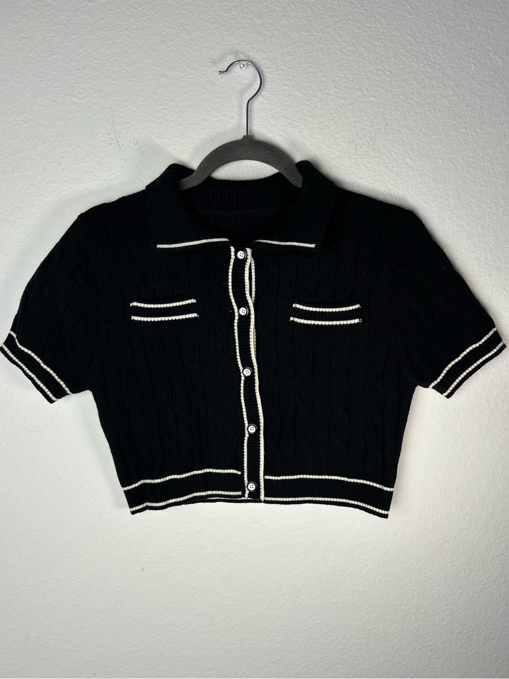 Cider Black Cropped Knit Polo with White Trim